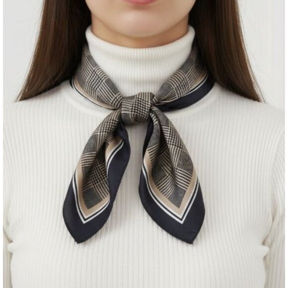 ❤️Elegant Bandana Square Scarf Silky Satin Soft BLACK Beige Hounds Tooth hijab❤️ - Picture 1 of 5
